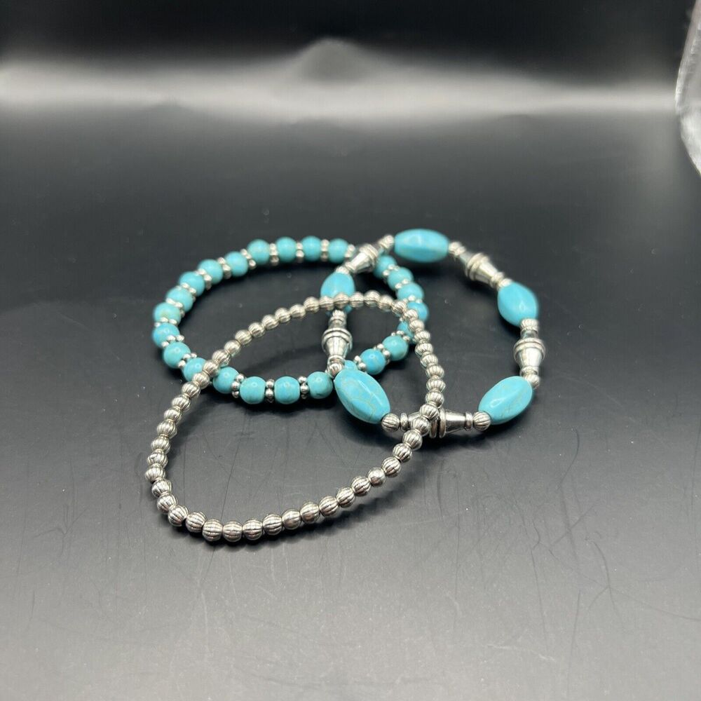 Bracelet Silver Stretch Bangle Multi Layering Blue Boho Western Turquoise